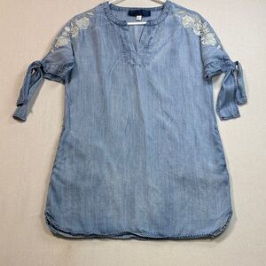 Blue Rain Denim Dress with Floral Embroidery